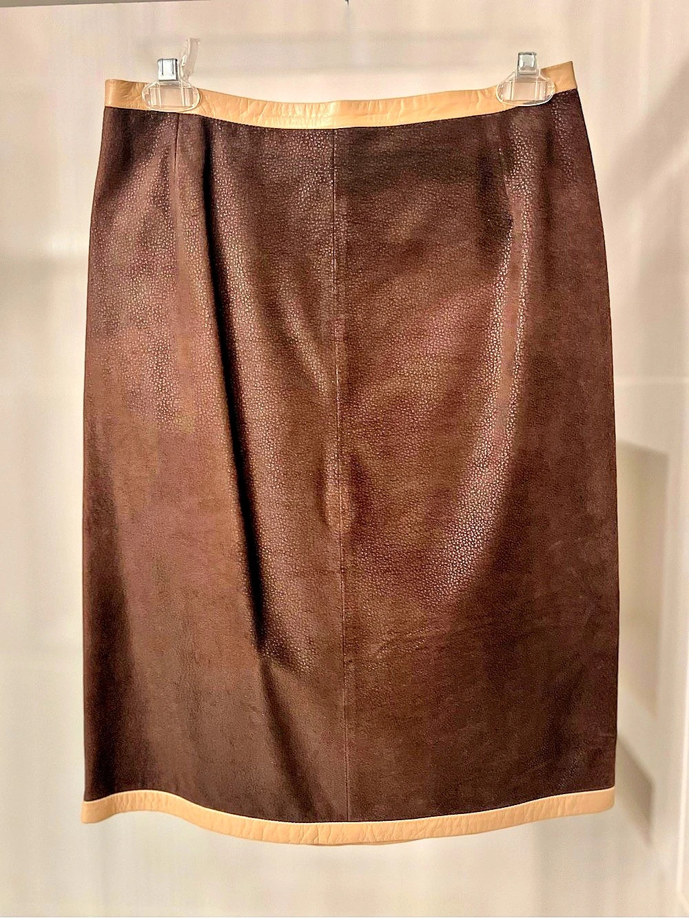 Italian Made Genuine Leather Suede Straight Pencil Skirt Dark Brown Beige Trim